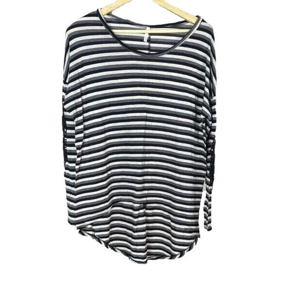 2/$15 Sage Womens Loose Fit Top Gray XL Hi Low Elbow Crochet Unstructured Stripe - Picture 1 of 6